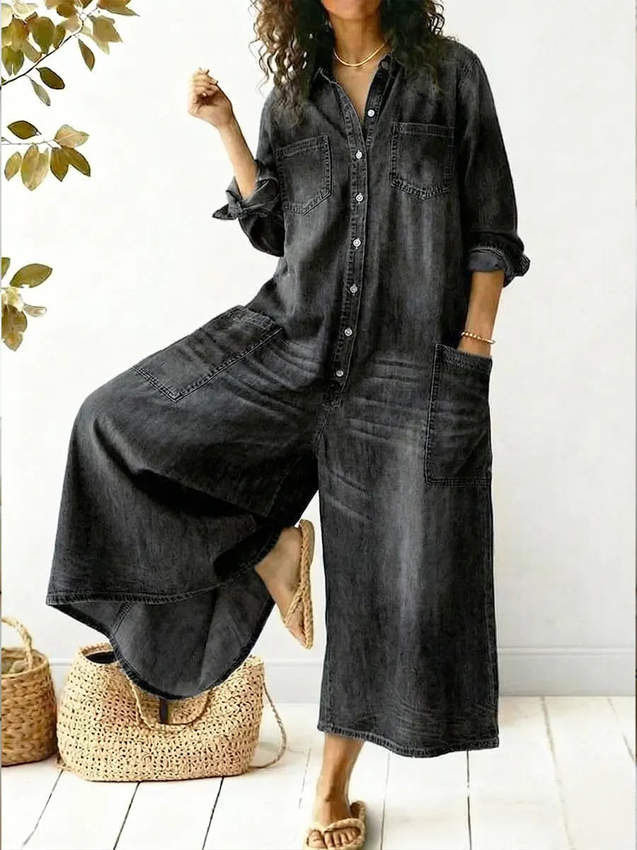 Effortless Denim Jumpsuit for Women with Collar Long Sleeve Button Front Wide Leg Pocket Casual Style