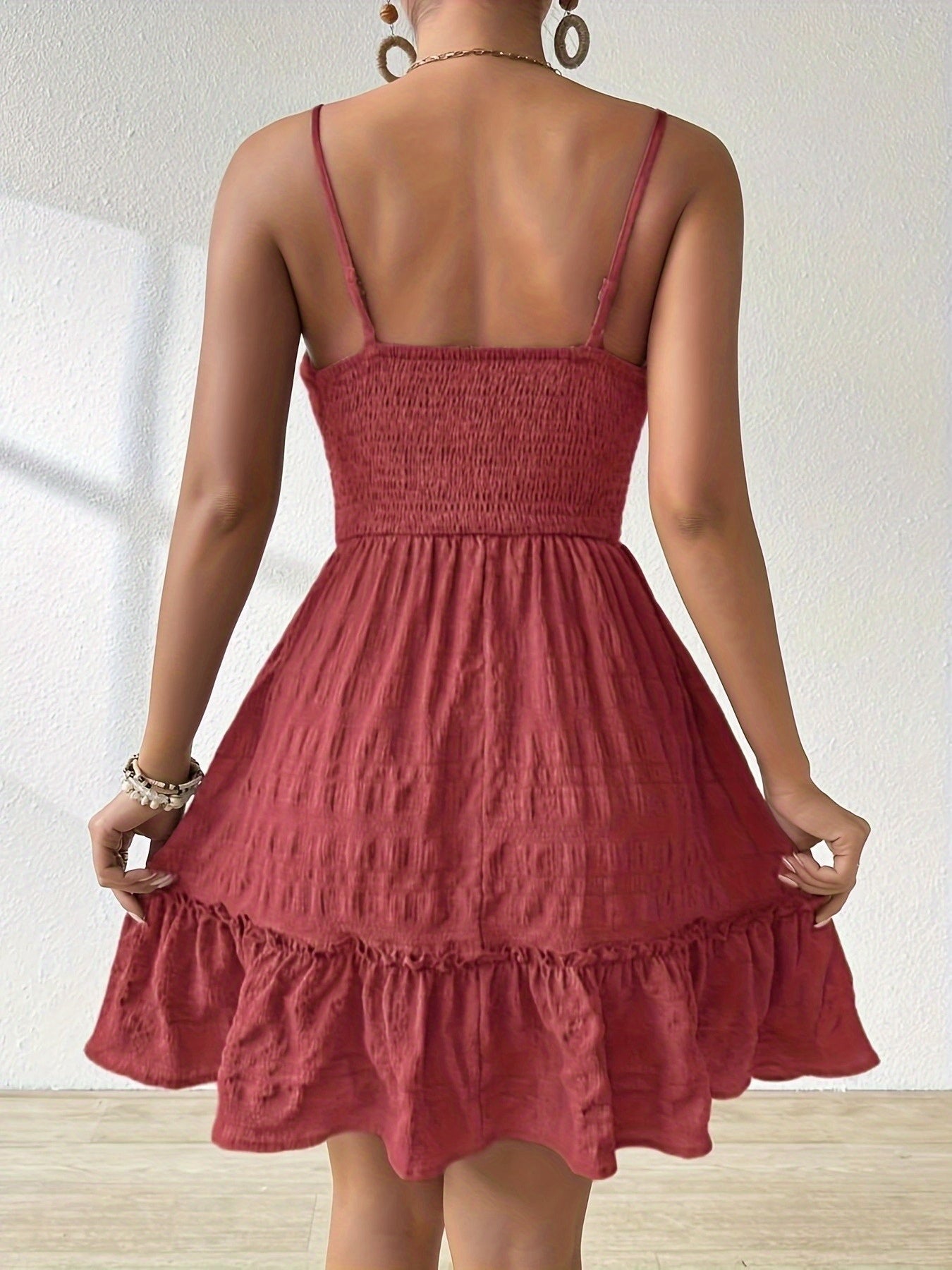 Effortless Textured Mini Dress for Women with Square Neck Spaghetti Strap Smocked Ruffle Hem Bohemian Style