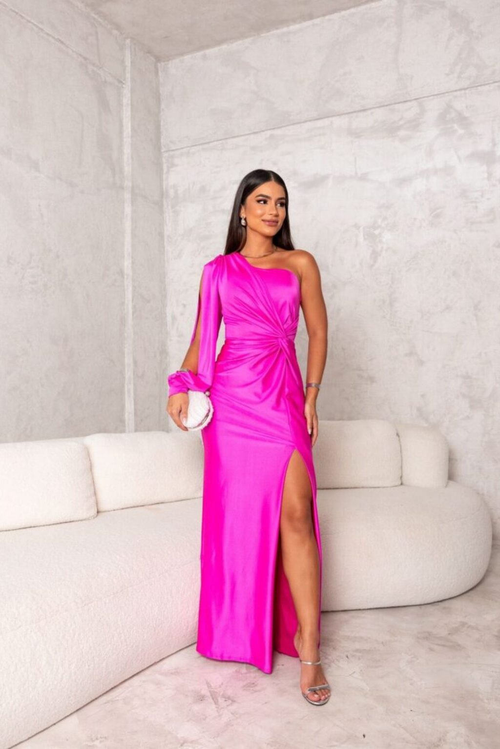 Elegant Satin Maxi Dress for Women with One Shoulder Long Sleeve Twist Waist Thigh Slit Formal Party Style