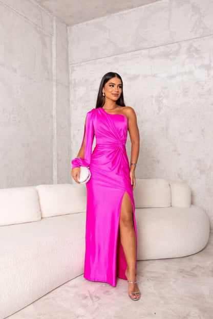 Elegant Satin Maxi Dress for Women with One Shoulder Long Sleeve Twist Waist Thigh Slit Formal Party Style