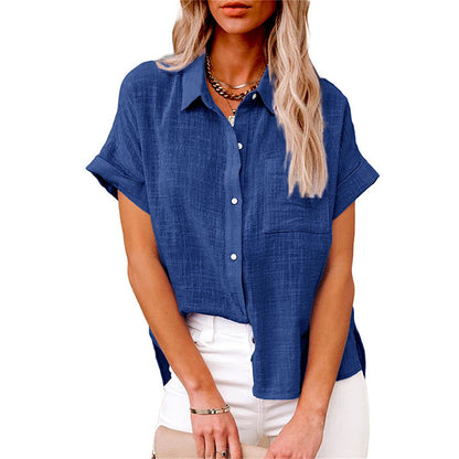 Effortless Linen Blouse for Women with Collar Short Sleeve High Low Hem Relaxed Style