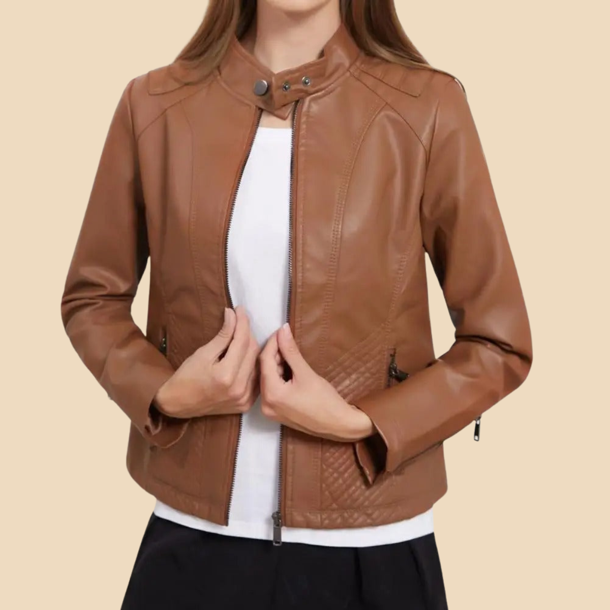 Elegant Leather Jacket for Women with Stand Collar Long Sleeve Quilted Zip Front Style