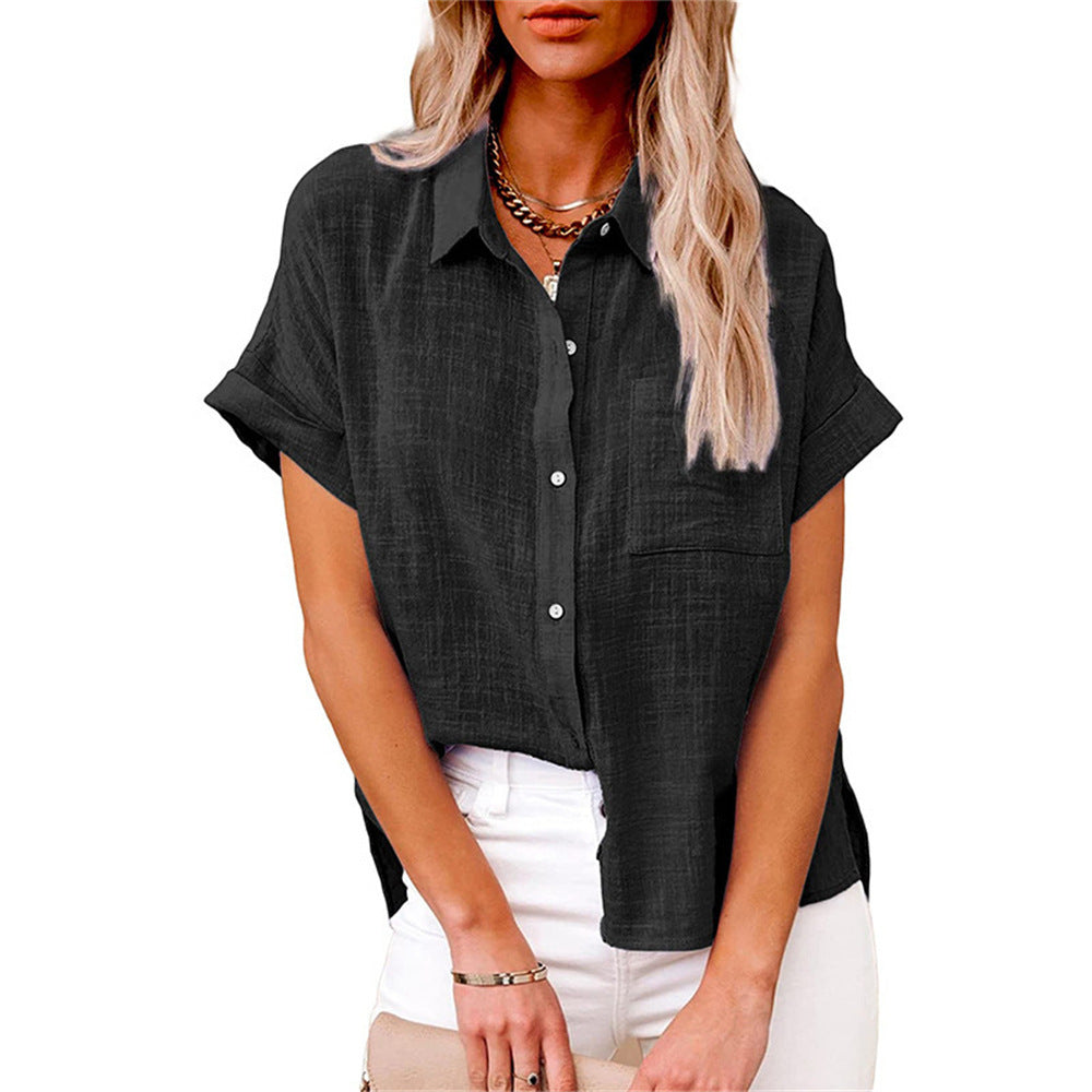 Effortless Linen Blouse for Women with Collar Short Sleeve High Low Hem Relaxed Style