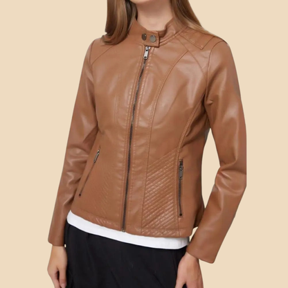 Elegant Leather Jacket for Women with Stand Collar Long Sleeve Quilted Zip Front Style