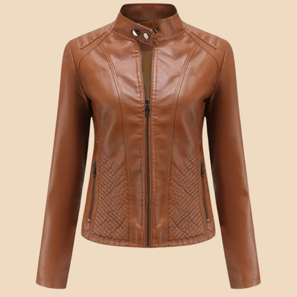 Elegant Leather Jacket for Women with Stand Collar Long Sleeve Quilted Zip Front Style