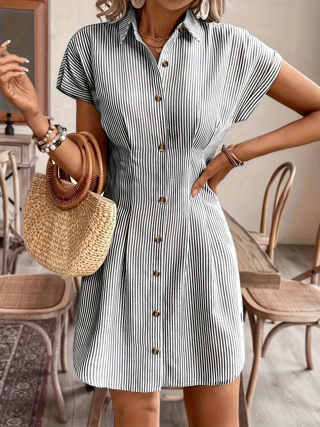 Elegant Striped Short-Sleeve A-Line Shirt Dress for Women, High-Waist Button-Up Casual Summer Office Dress in Light Pastel, Comfortable Polyester Fabric, French-Style, Solid Color, Women's Shirt Dress, Casual Shirt Dress, High-Waist, Office Dress