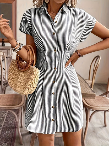 Elegant Striped Short-Sleeve A-Line Shirt Dress for Women, High-Waist Button-Up Casual Summer Office Dress in Light Pastel, Comfortable Polyester Fabric, French-Style, Solid Color, Women's Shirt Dress, Casual Shirt Dress, High-Waist, Office Dress