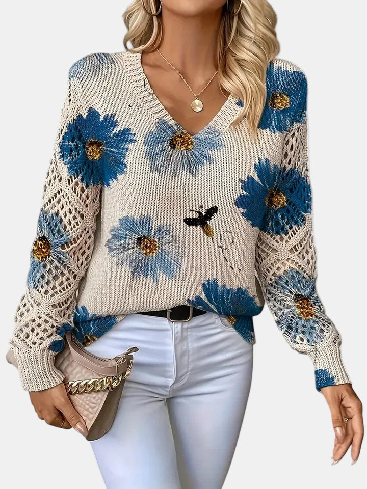 Comfortable Floral Print Sweater for Women with V Neck Long Sleeve Crochet Lace Oversized Knit Style
