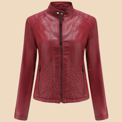 Elegant Leather Jacket for Women with Stand Collar Long Sleeve Quilted Zip Front Style