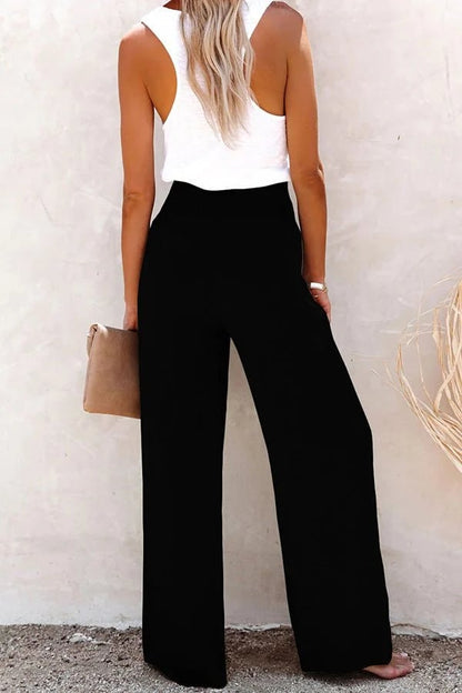 Effortless Linen Wide Leg Pants for Women with High Waist Smocked Button Front Relaxed Style