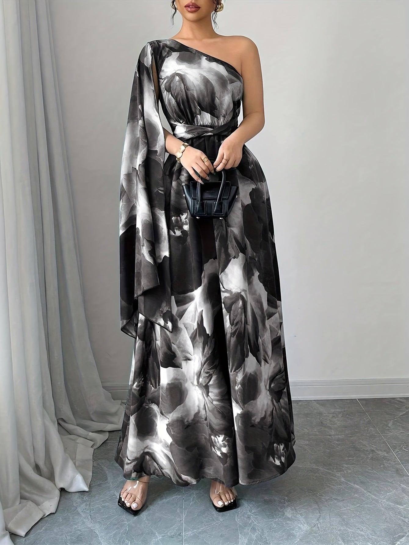 Elegant Floral Maxi Dress for Women with One Shoulder Draped Sleeve Formal Wedding Guest Style