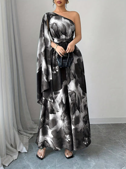 Elegant Floral Maxi Dress for Women with One Shoulder Draped Sleeve Formal Wedding Guest Style