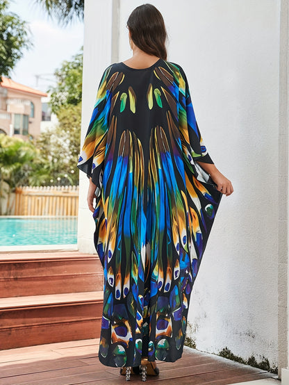 Elegant Multicolor Print Kaftan Maxi Dress for Women with V Neck Batwing Sleeve Flowing Style