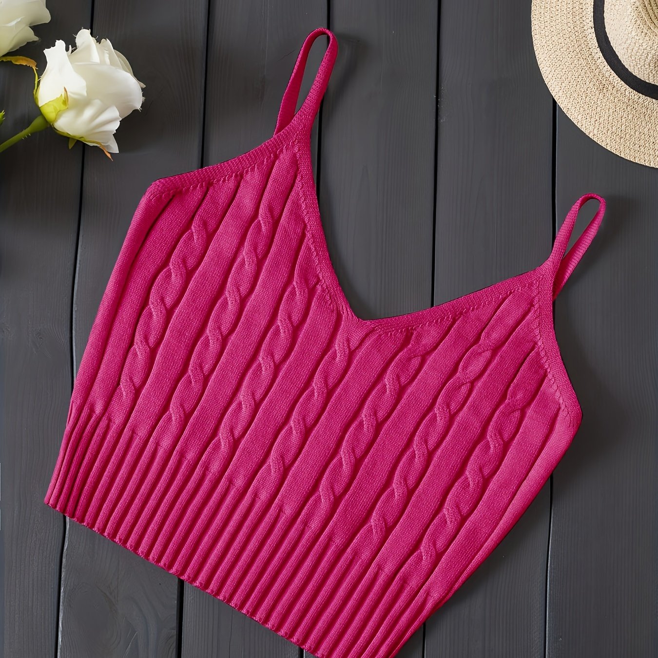 Comfortable Cable Knit Tank Top for Women with V Neck Sleeveless Ribbed Cropped Style
