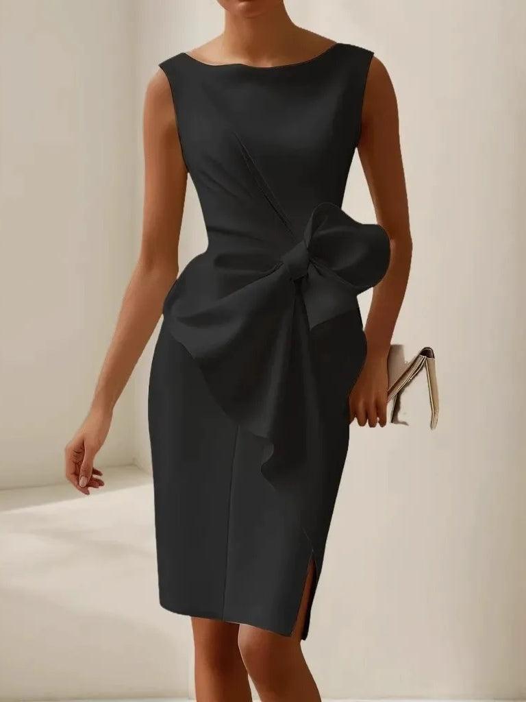 Elegant Satin Sheath Dress for Women with Boat Neck Sleeveless Bow Embellished Cocktail Style