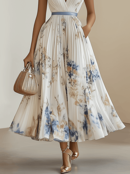 Effortless White Tie Dye Midi Dress for Women with V Neck Sleeveless Pleated Belted Flowing Style