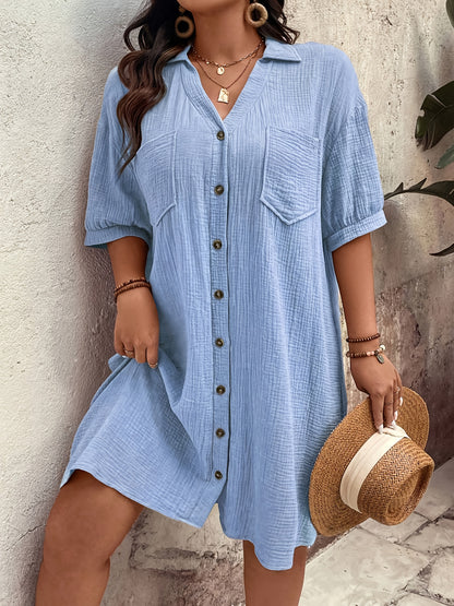 Effortless Textured Cotton Shirt Dress for Women with Collar Elbow Sleeve Button Front Patch Pocket Casual Style