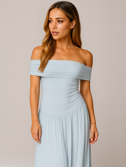 Elegant Pleated Maxi Dress for Women with Off Shoulder Short Sleeve Flowy Formal Wedding Guest Style
