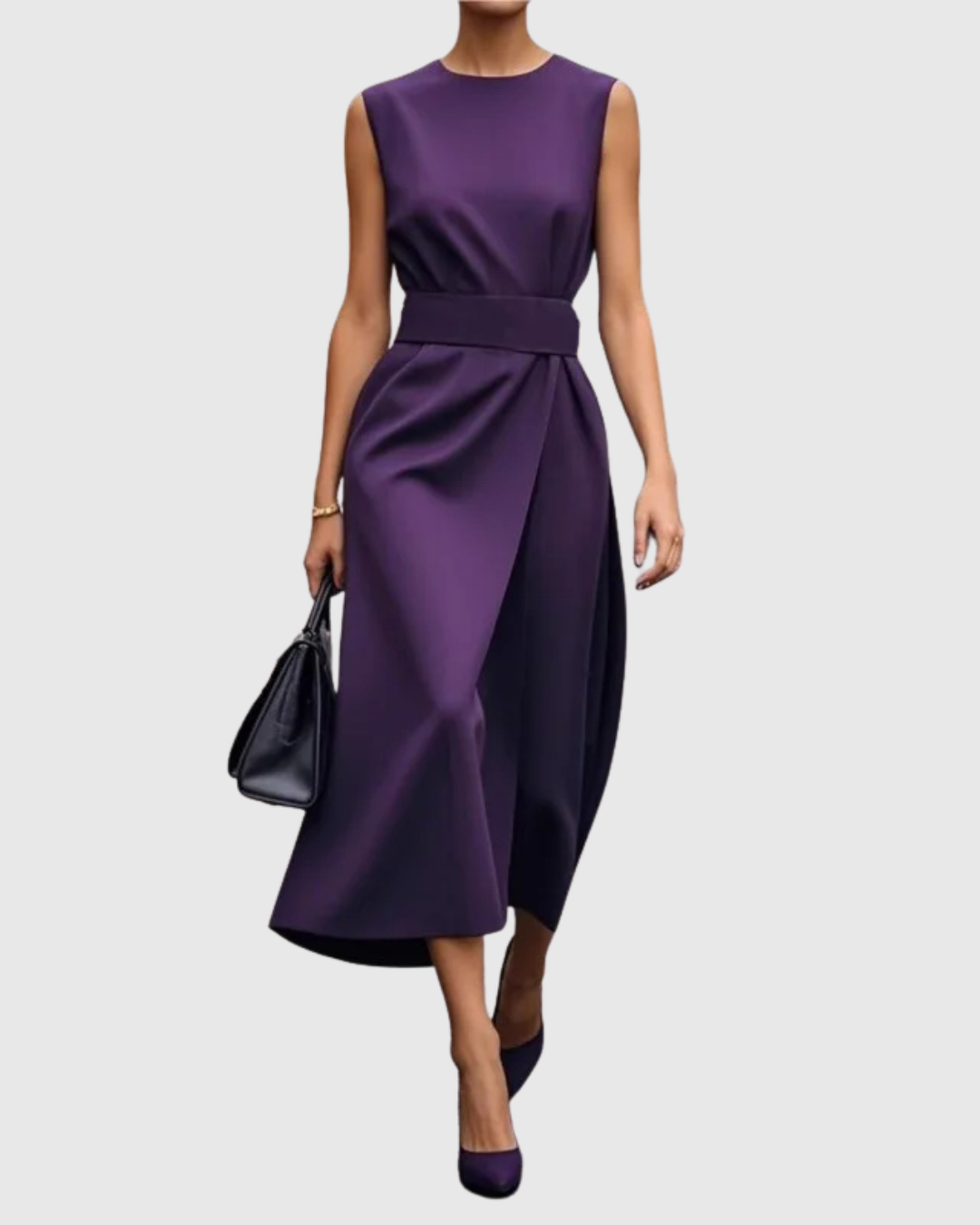 Elegant Satin Midi Dress for Women with Round Neck Sleeveless Wrap Waist Formal Wedding Guest Style