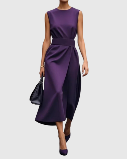 Elegant Satin Midi Dress for Women with Round Neck Sleeveless Wrap Waist Formal Wedding Guest Style