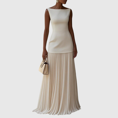 Elegant Chiffon Maxi Dress for Women with Boat Neck Sleeveless Drop Waist Formal Wedding Guest Style