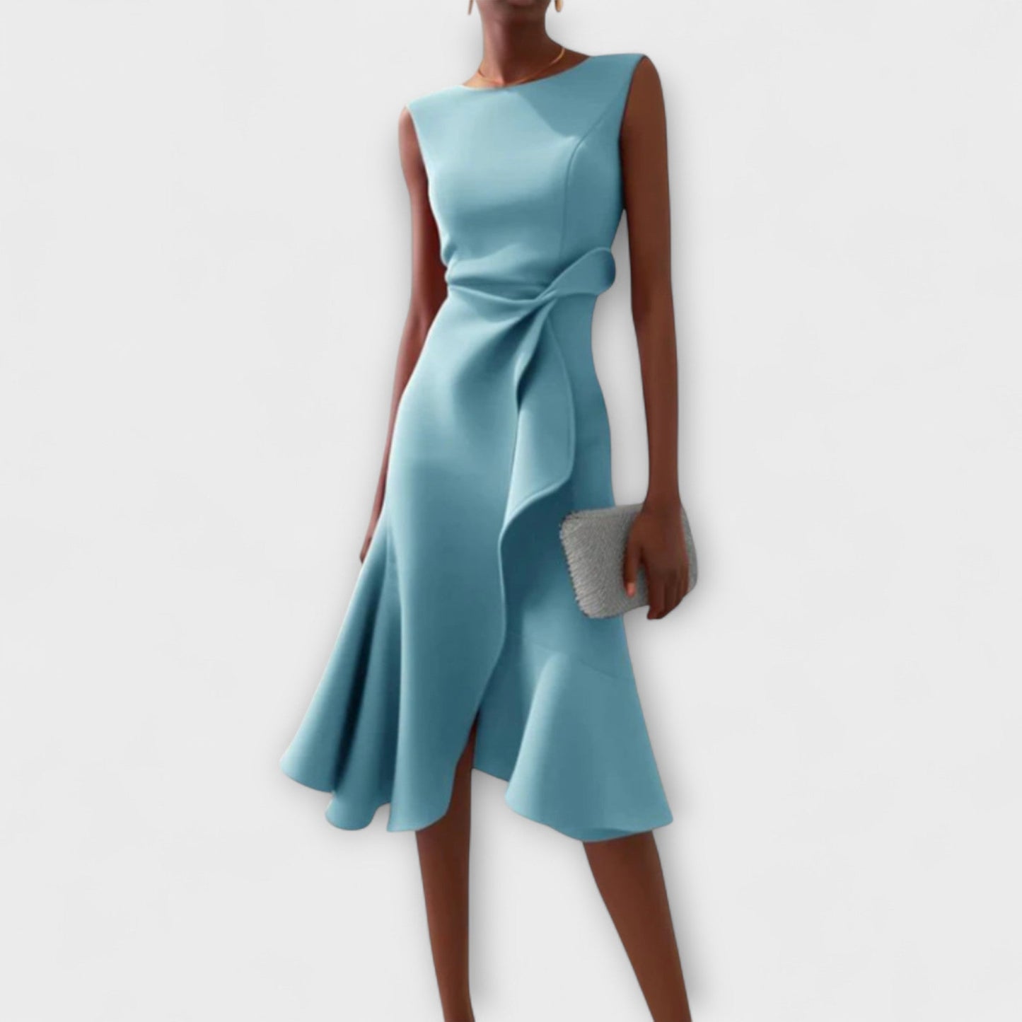 Elegant Satin Midi Dress for Women with Round Neck Sleeveless Draped Wrap Ruffle Formal Wedding Guest Style