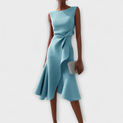 Elegant Satin Midi Dress for Women with Round Neck Sleeveless Draped Wrap Ruffle Formal Wedding Guest Style