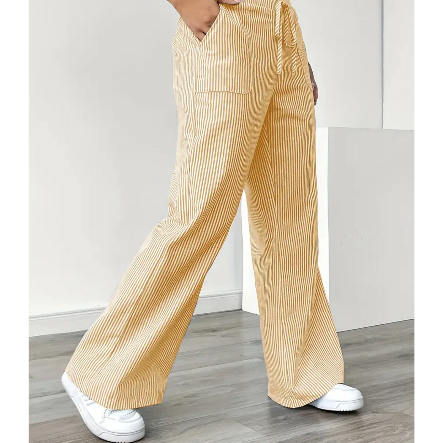 Effortless Striped Wide Leg Pants for Women with High Waist Drawstring Side Pocket Relaxed Casual Style