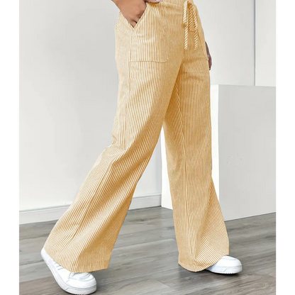 Effortless Striped Wide Leg Pants for Women with High Waist Drawstring Side Pocket Relaxed Casual Style