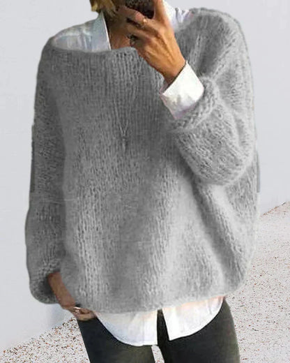 Comfortable Mohair Knit Sweater for Women with Wide Neck Long Sleeve Oversized Relaxed Style