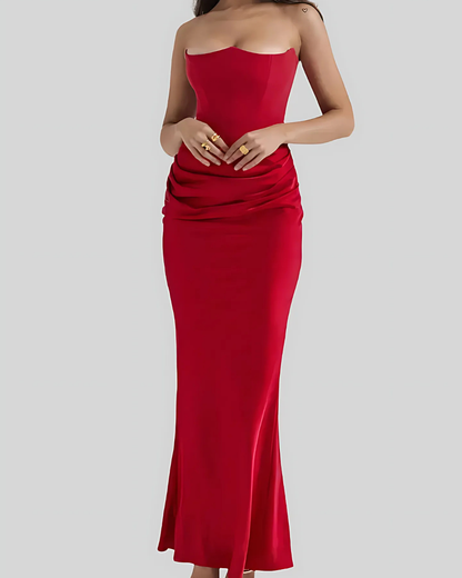 Elegant Satin Maxi Dress for Women with Strapless Ruched Bodice Column Formal Wedding Guest Style