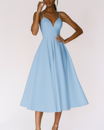 Elegant Midi Dress for Women with Deep V Neck Spaghetti Strap Full Skirt Formal Wedding Guest Style