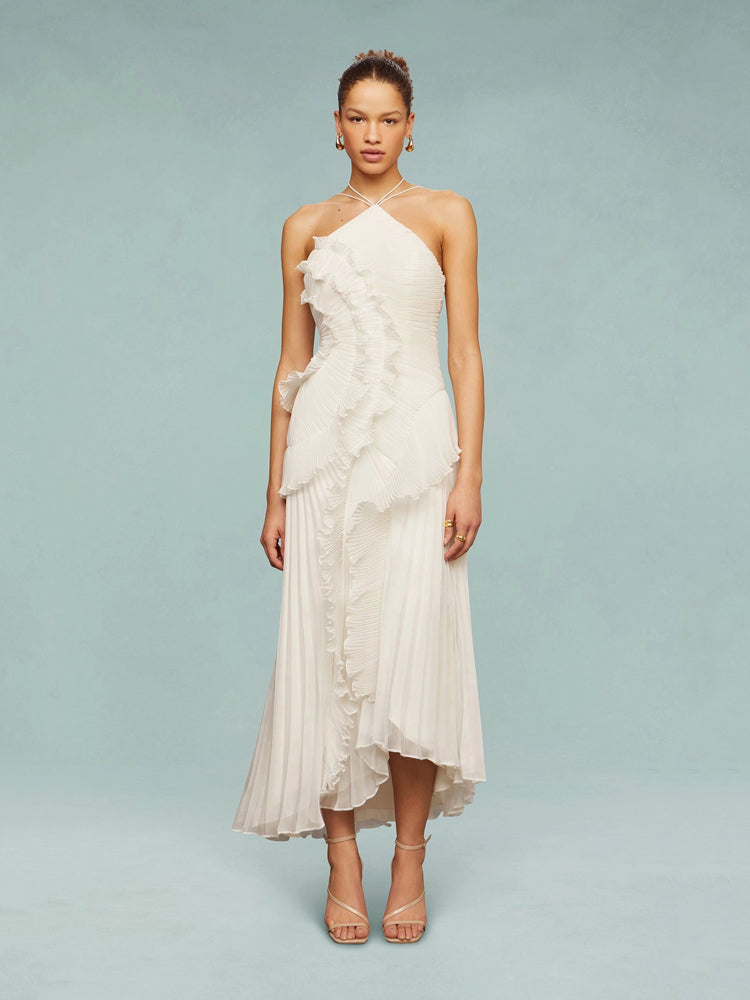 Elegant Tiered Ruffle Midi Dress for Women with One Shoulder Flowy Formal Wedding Guest Style