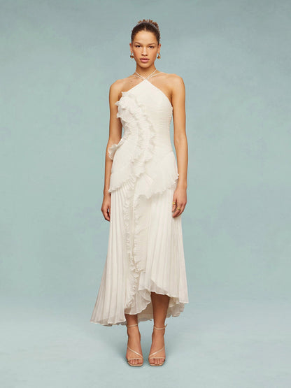 Elegant Tiered Ruffle Midi Dress for Women with One Shoulder Flowy Formal Wedding Guest Style