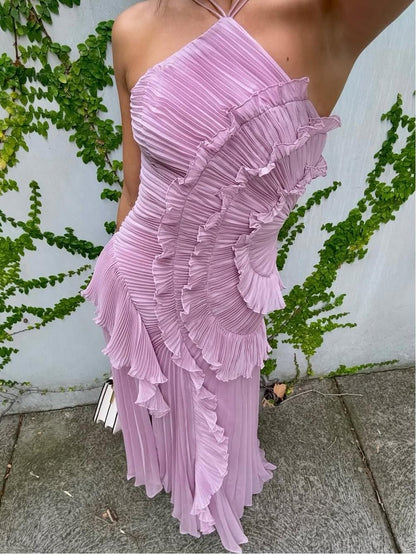 Elegant Tiered Ruffle Midi Dress for Women with One Shoulder Flowy Formal Wedding Guest Style