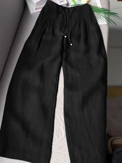 Effortless Linen Wide Leg Pants for Women with Smocked Waist Drawstring Relaxed Flowing Style