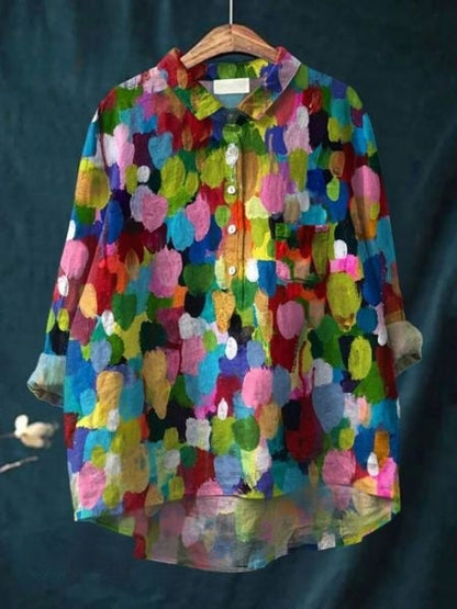 Effortless Floral Blouse for Women with Collar Long Sleeve Button Front High Low Hem Style