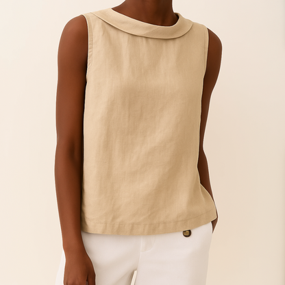 Effortless Linen Blouse for Women with Folded Collar Sleeveless Relaxed Curved Hem Casual Style