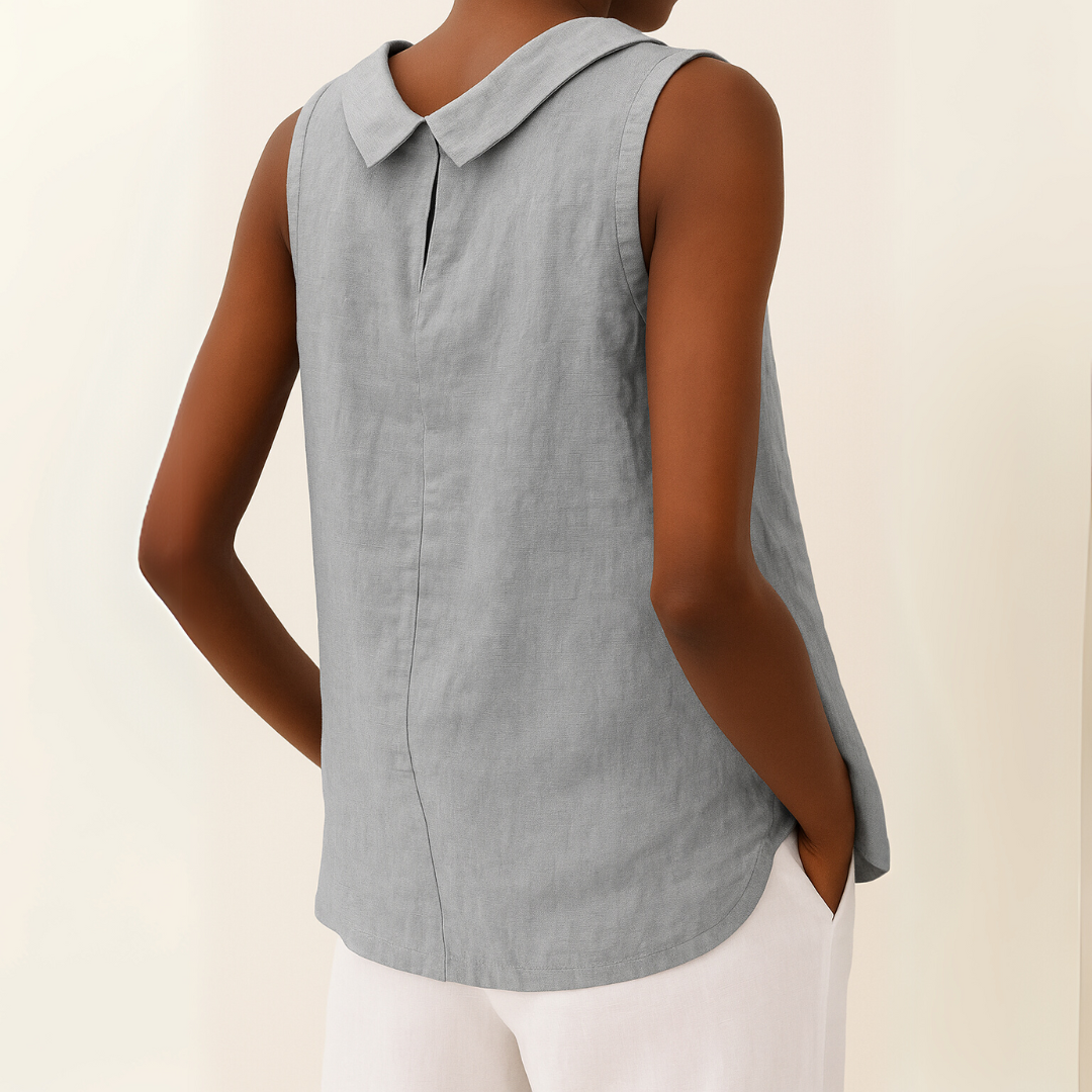 Effortless Linen Blouse for Women with Folded Collar Sleeveless Relaxed Curved Hem Casual Style
