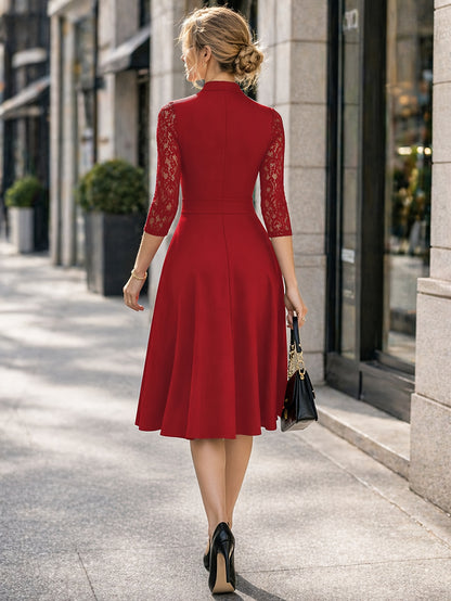 Elegant Lace Trim Midi Dress for Women with Notch V Neck Elbow Sleeve Fit and Flare Cocktail Style