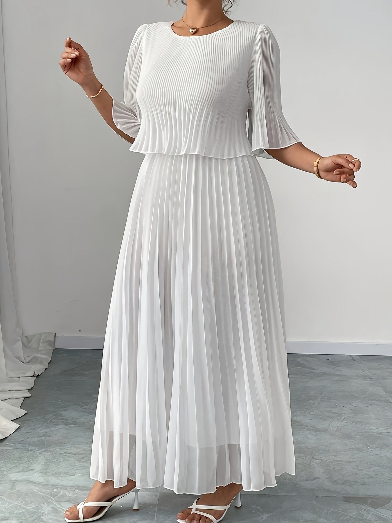 Elegant White Chiffon Maxi Dress for Women with Batwing Sleeve Pleated Skirt Formal Wedding Guest Style