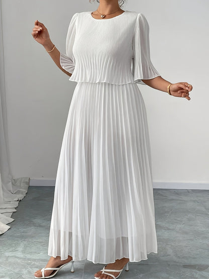Elegant White Chiffon Maxi Dress for Women with Batwing Sleeve Pleated Skirt Formal Wedding Guest Style