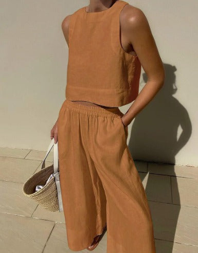 Effortless Linen Wide Leg Set for Women with Square Neck Sleeveless Elastic Waist Two Piece Style