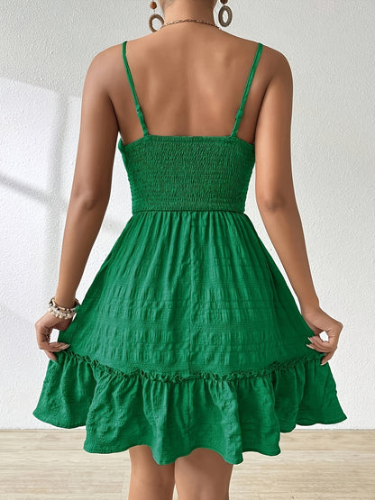 Effortless Textured Mini Dress for Women with Square Neck Spaghetti Strap Smocked Ruffle Hem Bohemian Style