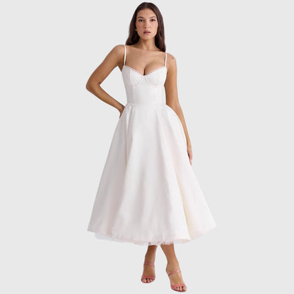 Elegant Strapless Midi Dress for Women with Sweetheart Neckline Full Skirt Formal Wedding Guest Style
