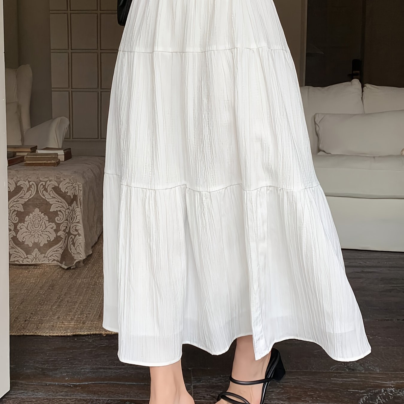Elegant White Tiered Maxi Skirt for Women with High Waist Elastic Flowing A Line Style