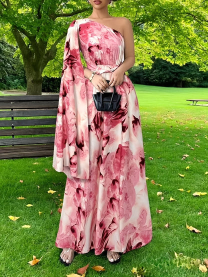 Elegant Floral Maxi Dress for Women with One Shoulder Draped Sleeve Formal Wedding Guest Style