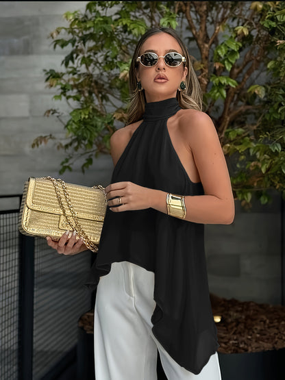 Effortless Chiffon Halter Top for Women with High Neck Sleeveless Flowing Asymmetrical Hem Style