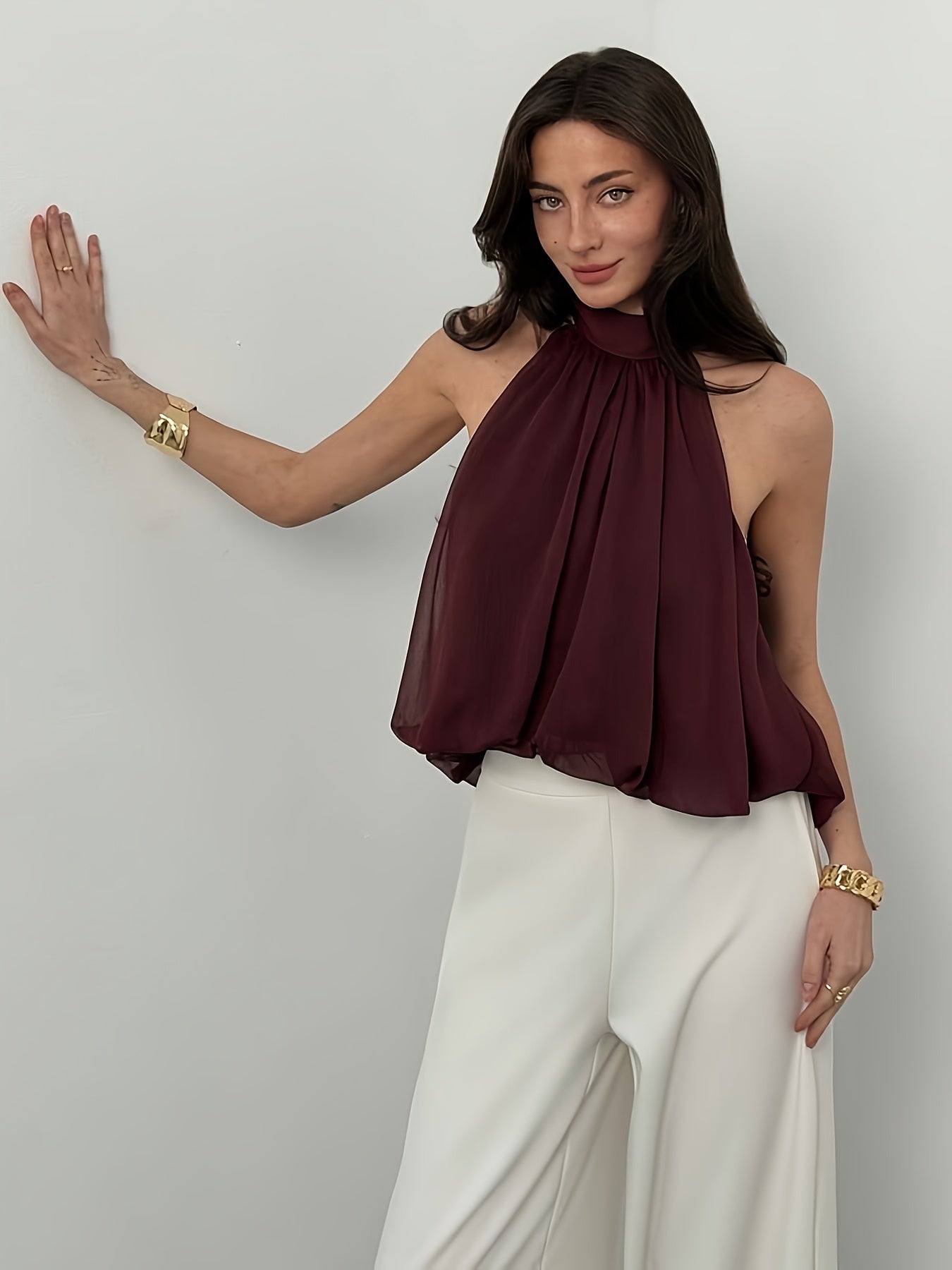 Elegant Burgundy Chiffon Blouse for Women with High Neck Sleeveless Tie Back Flowing Style