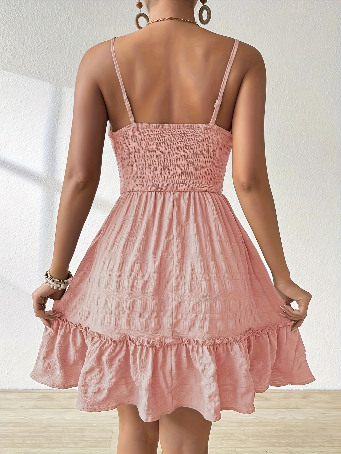 Effortless Textured Mini Dress for Women with Square Neck Spaghetti Strap Smocked Ruffle Hem Bohemian Style